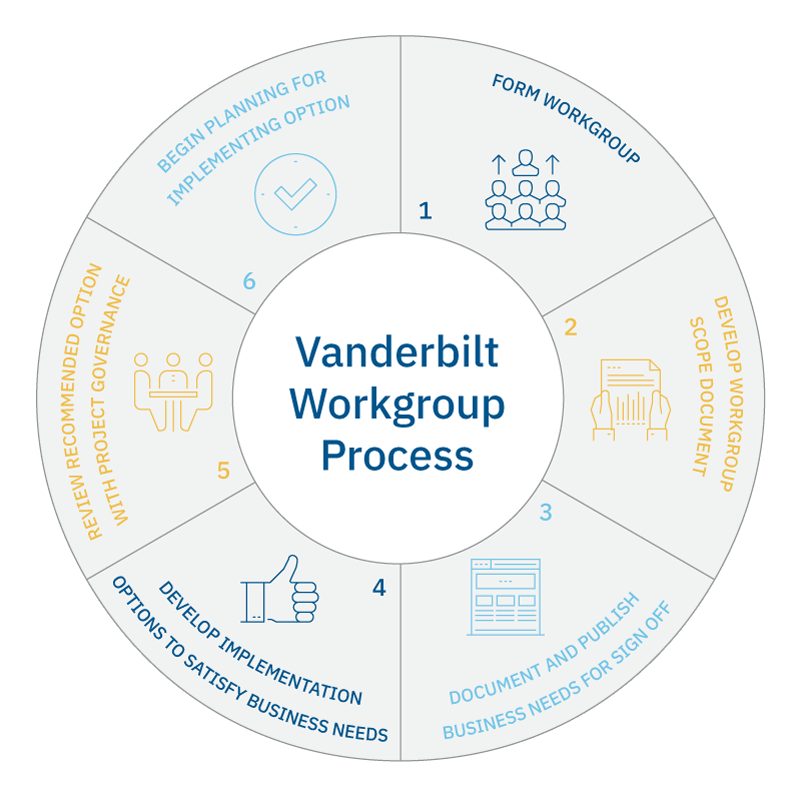 A circle graphic depicting six steps in Vanderbilt's workgroup process.